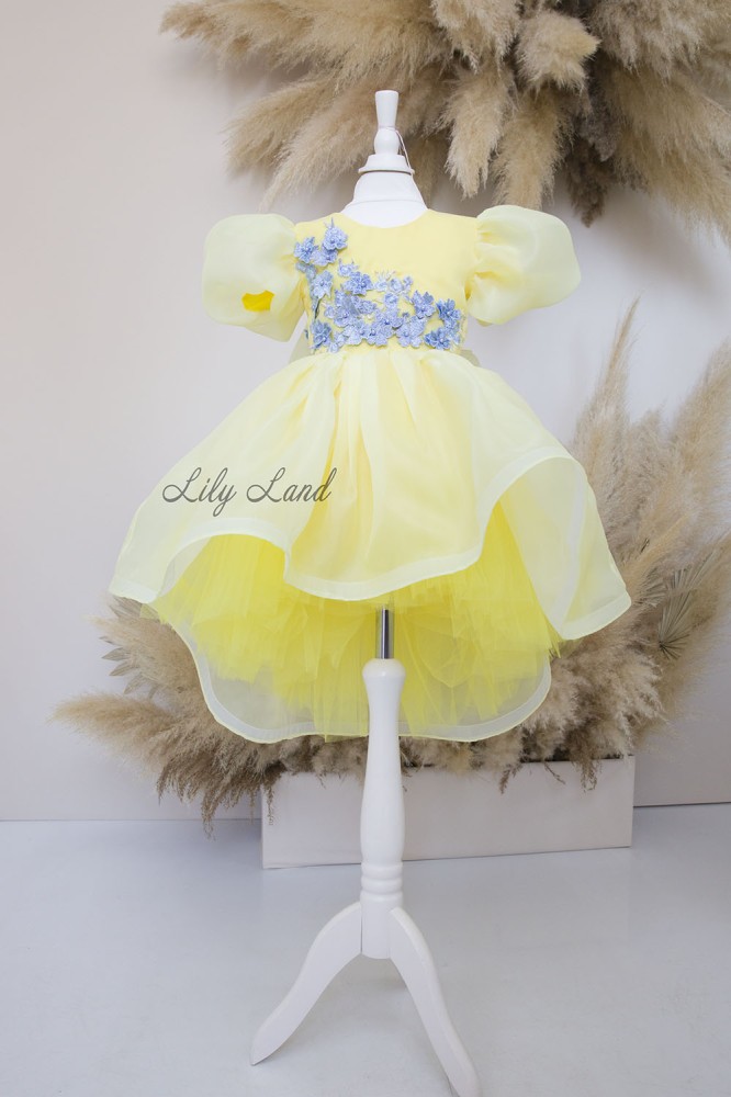 Детское нарядное платье Лиана с рукавами-фонариками, желтая с голубым кружевом