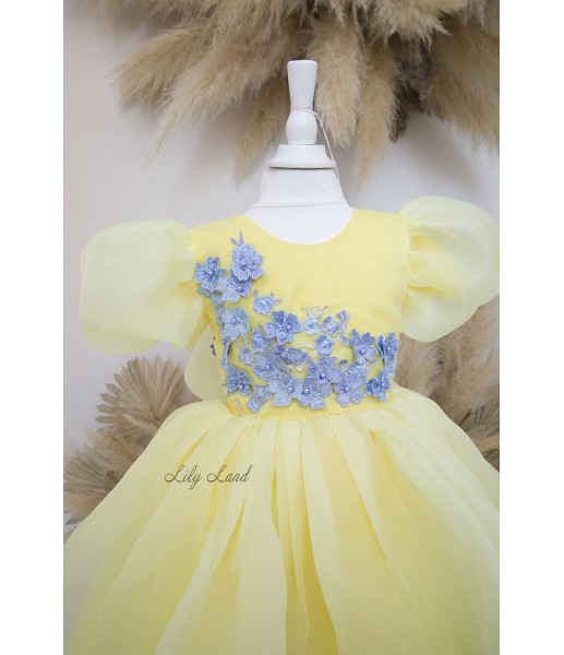 Дитяча святкова сукня Ліана з рукавами-ліхтариками, жовта з блакитним мережевом