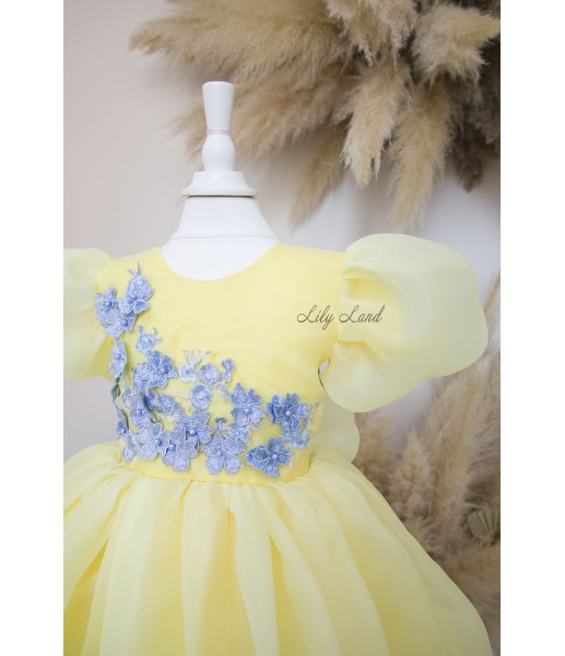 Детское нарядное платье Лиана с рукавами-фонариками, желтая с голубым кружевом