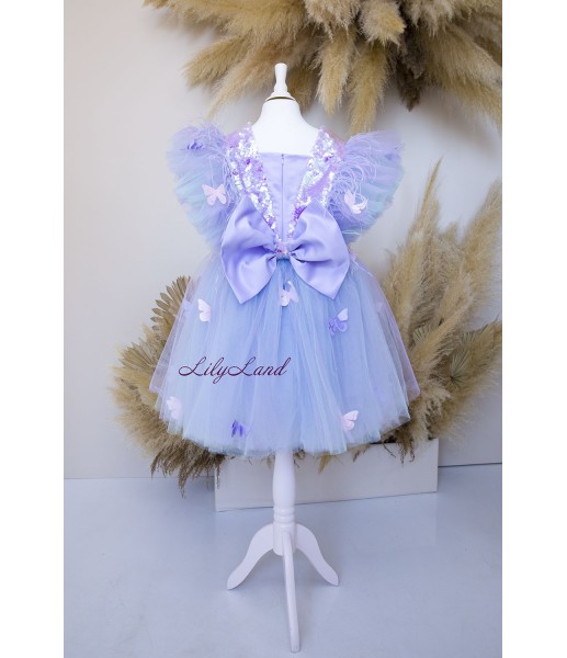 Дитяча святкова сукня Арін з оздобленням з паєток, колір блакитний з лавандою та метеликами