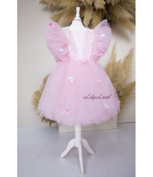 Дитяча святкова сукня Арін з оздобленням з паєток, колір рожевий з метеликами
