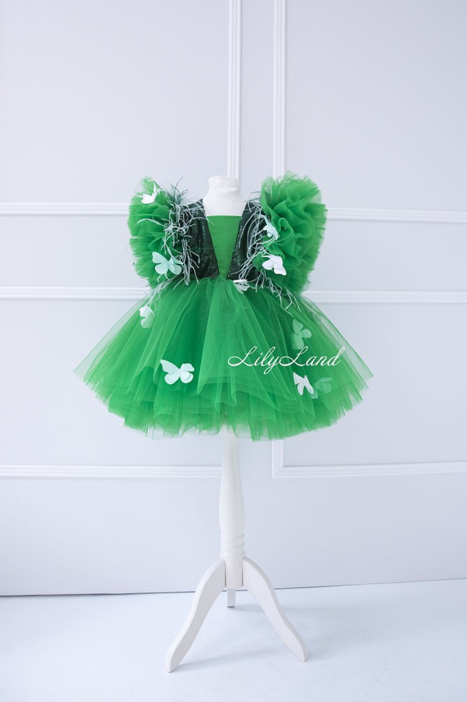 Дитяча святкова сукня Арін з оздобленням з паєток, колір зелений з метеликами