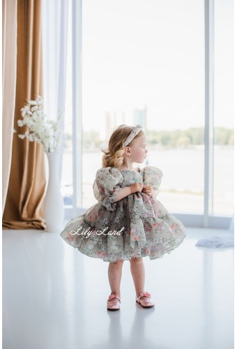 Детское нарядное платье Марсель, серая с коралловым цветочным принтом