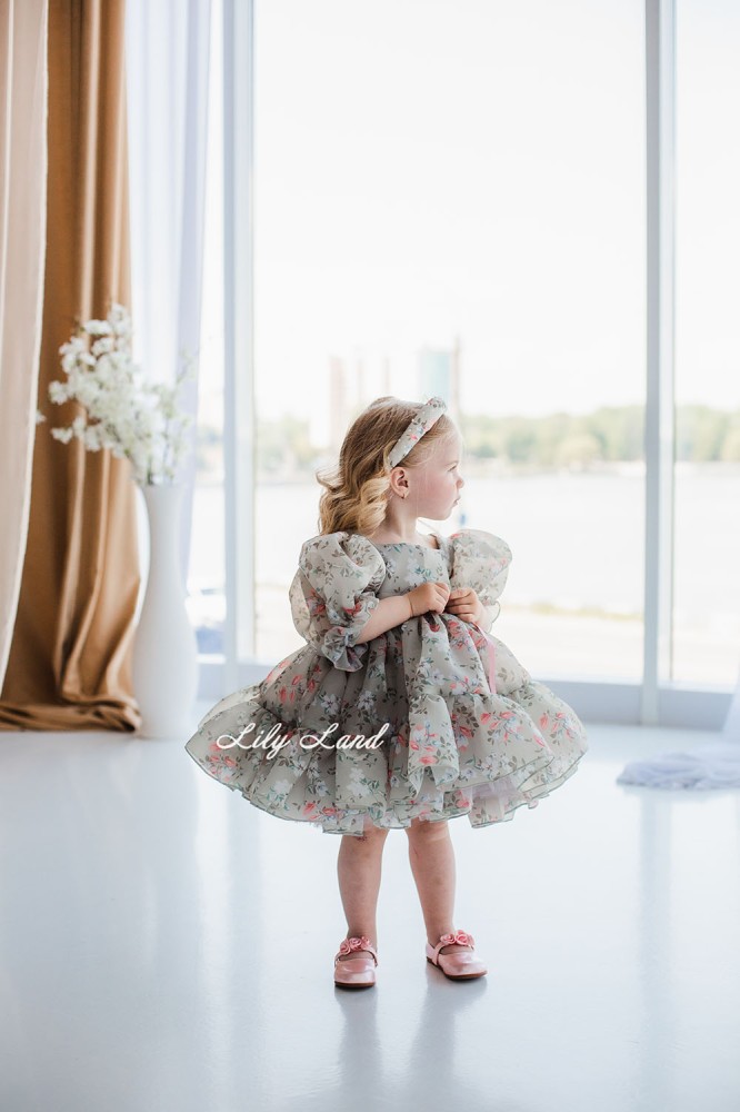 Детское нарядное платье Марсель, серая с коралловым цветочным принтом