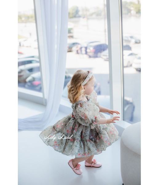 Дитяча святкова сукня Марсель, колір сіра з кораловим принтом