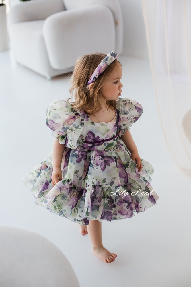 Детское нарядное платье Марсель, с пыльно лавандовым цветочным принтом