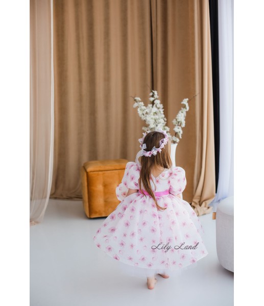 Детское нарядное платье Лиана с рукавами-фонариками, цветочный принт с розовым пояском