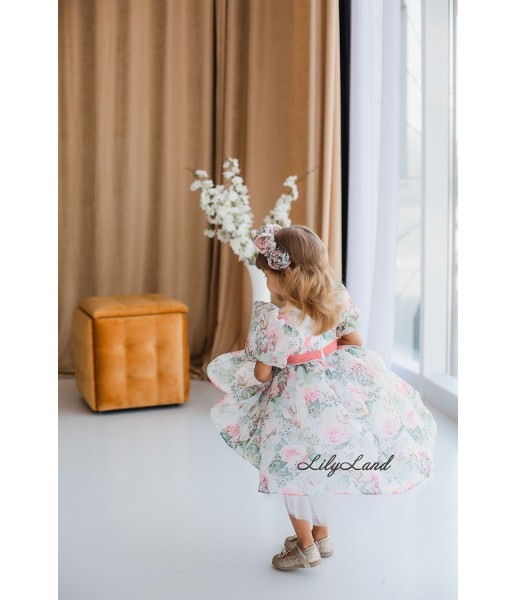 Дитяча святкова сукня Ліана з рукавами-ліхтариками, квітковий принт з кораловим пояском