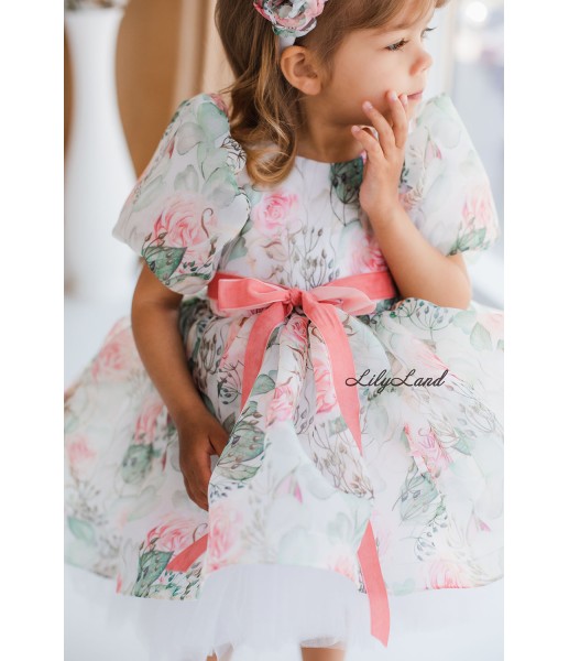 Дитяча святкова сукня Ліана з рукавами-ліхтариками, квітковий принт з кораловим пояском