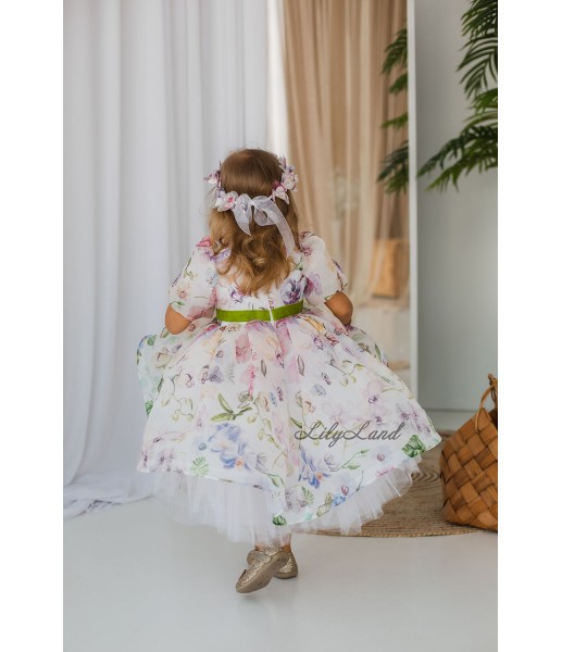 Дитяча святкова сукня Ліана з рукавами-ліхтариками, квітковий принт з зеленим пояском