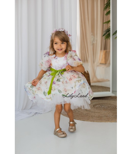 Детское нарядное платье Лиана с рукавами-фонариками, цветочный принт с зеленым пояском