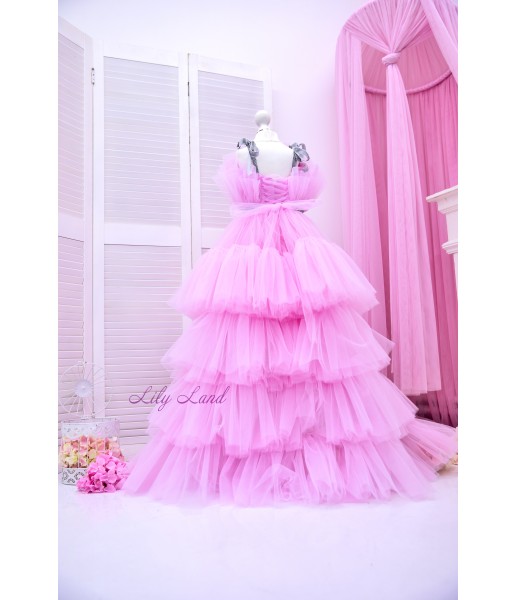 Детское нарядное платье Барби со шлейфом, цвет розовый с серебряным пояском