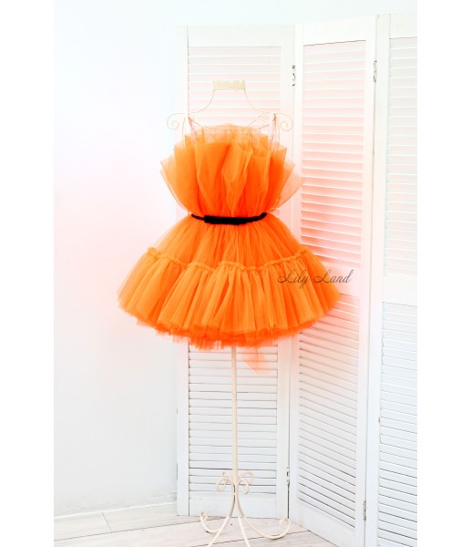 Детское нарядное платье Барби, оранжевый неон с черным пояском 