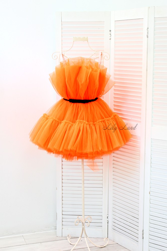 Детское нарядное платье Барби, цвет оранжевый неон с черным пояском 