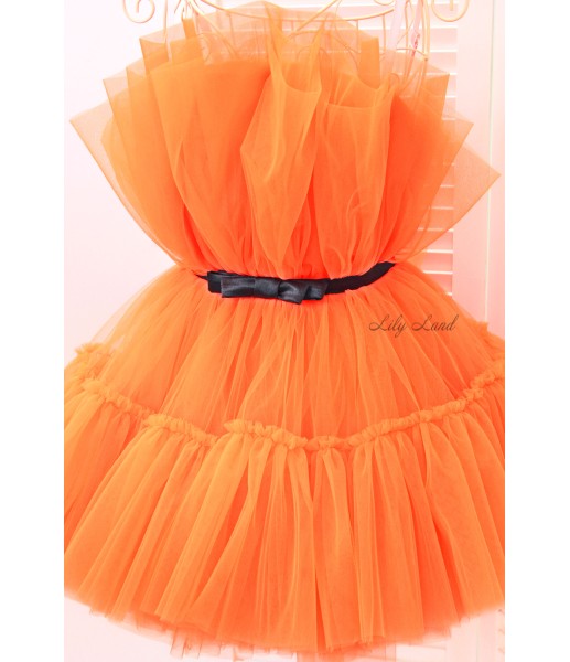 Детское нарядное платье Барби, оранжевый неон с черным пояском 