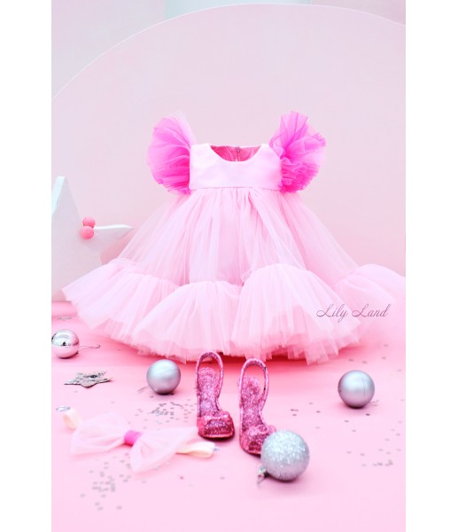 Детское платье Белль, цвет розовый с малиновыми плечиками