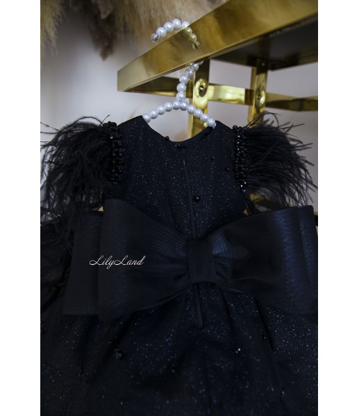 Детское нарядное платье Бусье с рукавчиком и перьями, цвет черный
