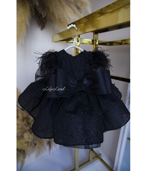 Детское нарядное платье Бусье с рукавчиком и перьями, цвет черный
