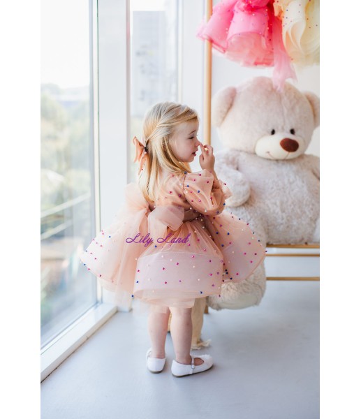 Дитяча святкова сукня Бусьє з різнокольоровими намистинками, колір Персик