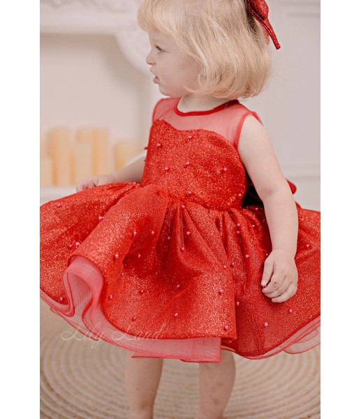Детское нарядное платье Бусье с бусинками, цвет красный
