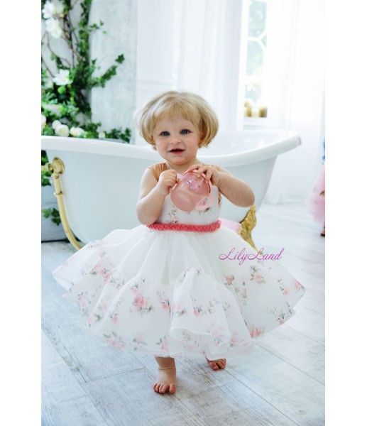Детское нарядное платье Камелия из сетки бежевого цвета и корсетом из органзы в цветочный принт