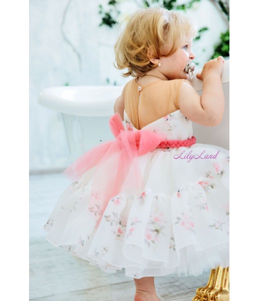 Дитяча святкова сукня Камелія з сітки бежевого кольору та корсетом з органзи в квітковий принт