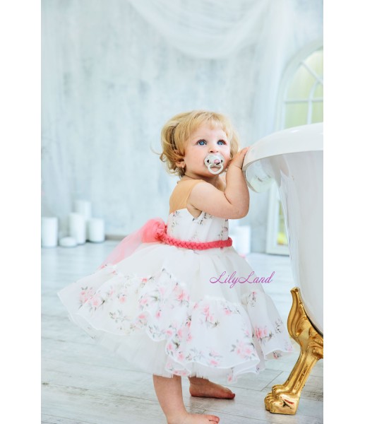 Дитяча святкова сукня Камелія з сітки бежевого кольору та корсетом з органзи в квітковий принт