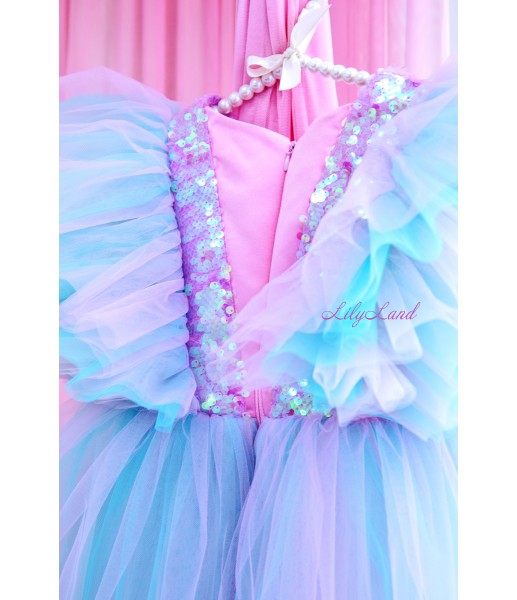 Детское нарядное платье Арин с отделкой из пайеток, цвет голубой с розовым