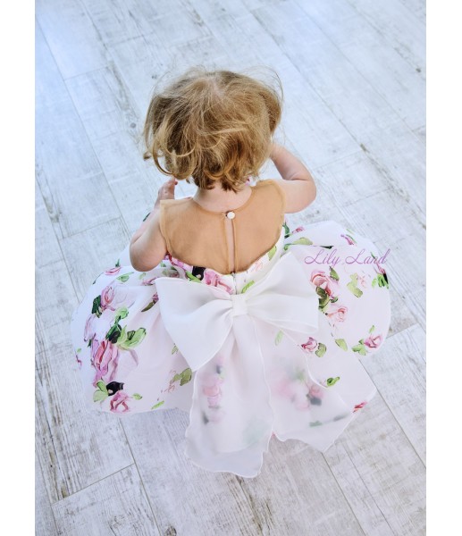Детское нарядное платье Эустома с топом из сетки бежевого цвета в цветочный принт