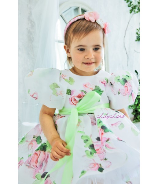 Дитяча святкова сукня Ліана з рукавами-ліхтариками, принт квіти з білим фатином