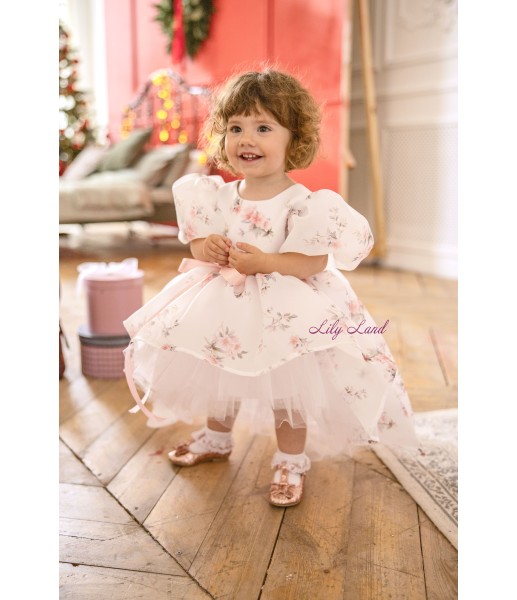 Детское нарядное платье Лиана, принт цветочки с белым фатином