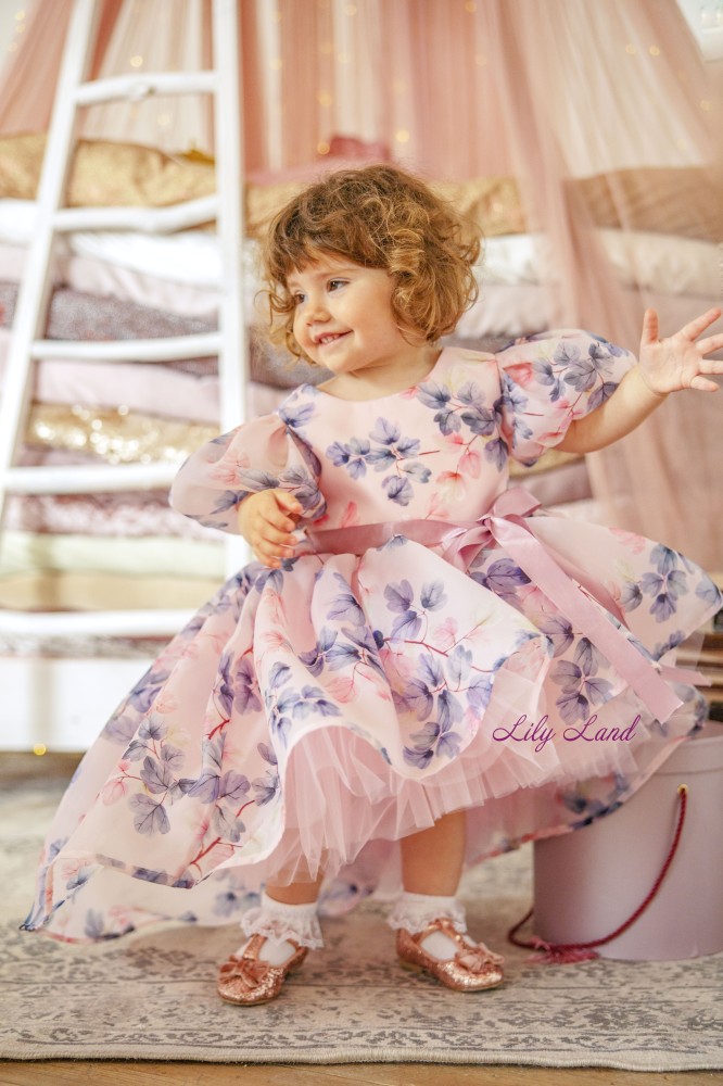 Дитяча святкова сукня Ліана з рукавами-ліхтариками, квітковий принт з рожевим фатіном