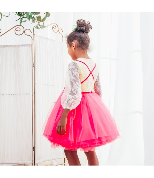 Детское нарядное платье Мишель с пудровой шантильей  и малиновой юбкой, длинный рукав