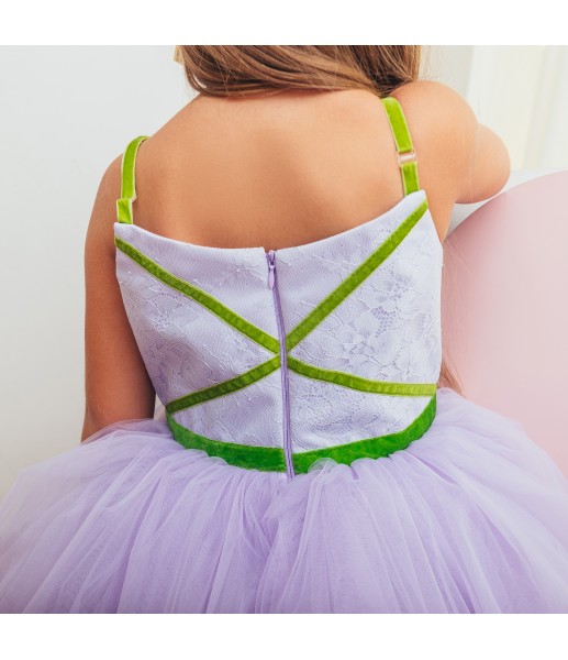 Детское нарядное платье Мишель с лавандовой шантильей  и оливковой велюровой лентой
