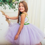 Детское нарядное платье Мишель с лавандовой шантильей  и оливковой велюровой лентой