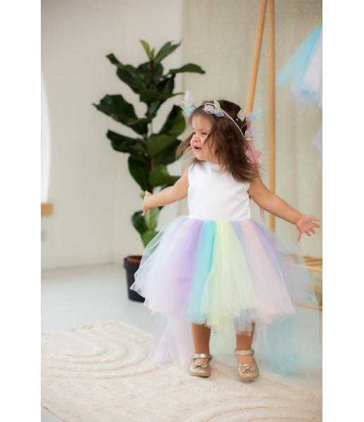 Детское платье MyLittlePonny Топ атлас айвори, разноцветная юбка в пастельных тонах