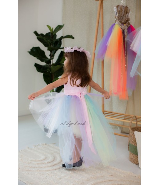 Детское платье MyLittlePonny Топ атлас розовый, разноцветная юбка в пастельных тонах