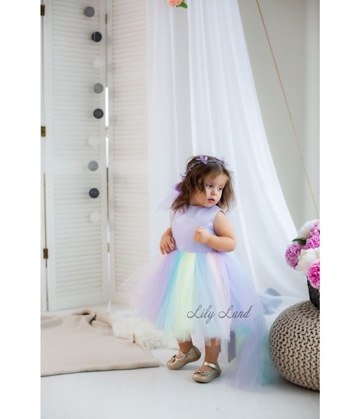 Детское платье MyLittlePonny Топ атлас лаванда, разноцветная юбка в пастельных тонах
