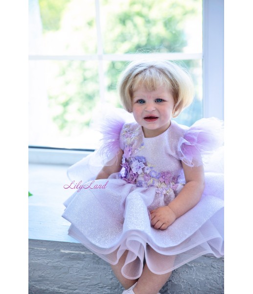 Детское нарядное платье Нитела из блестящего глиттера с цветами, цвет лаванда