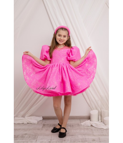 Детское платье Нора из глиттера и кружева в цвете Розовый неон