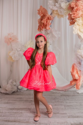 Дитяча святкова сукня Нора з глітеру і мережева в кольорі Коралл неон