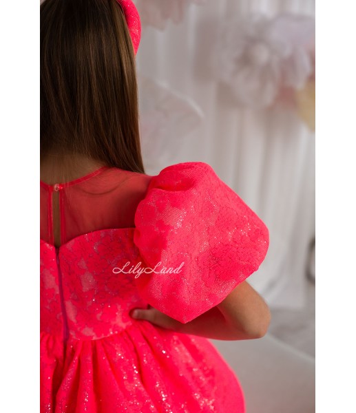 Дитяча святкова сукня Нора з глітеру і мережева в кольорі Коралл неон