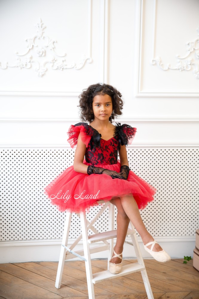 Детское нарядное платье Шанти, цвет красный с черным кружевом
