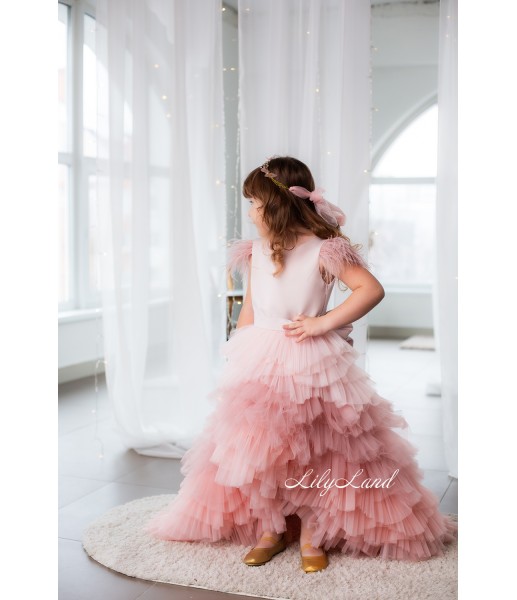 Детское платье Урсула, цвет розовый градиен с перьями