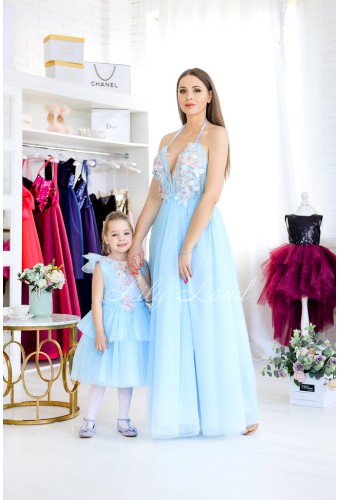 Комплект платьев Барбара голубое  с Зд кружевом на топе 