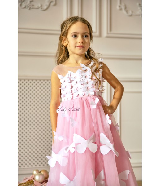 Детское нарядное платье Флер, в розовом цвете с белыми бабочками по всему платью