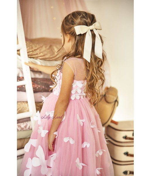 Детское нарядное платье Флер, в розовом цвете с белыми бабочками по всему платью